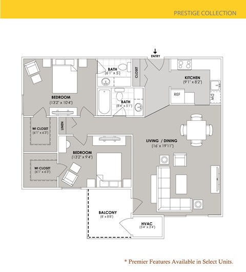 Floor plan for 2 beds, 1.5 baths, 1033 sqft