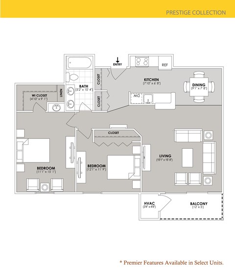 Floor plan for 2 beds, 1 bath, 1008 sqft