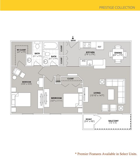 Floor plan for 2 beds, 1.5 baths, 1008 sqft