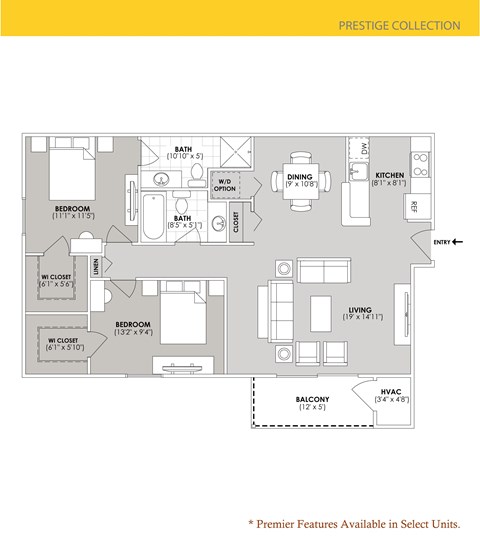 Floor plan for 2 beds, 2 baths, 1007 sqft