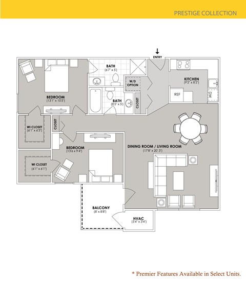 Floor plan for 2 beds, 2 baths, 1089 sqft