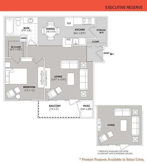 Floor plan for 1 bed, 1 bath, 723 sqft