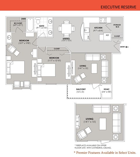 Floor plan for 2 beds, 1 bath, 1029 sqft