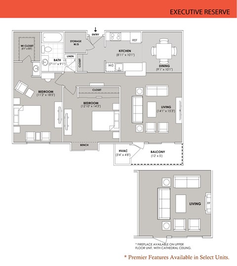 Floor plan for 2 beds, 1 bath, 1087 sqft