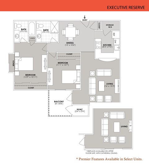 Floor plan for 2 beds, 2 baths, 1045 sqft