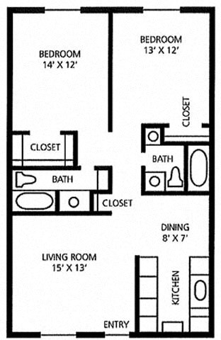 Floor plan for 2 beds, 2 baths, 944 sqft