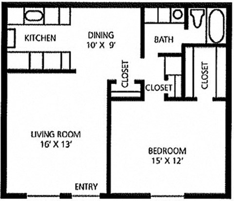 Floor plan for 1 bed, 1 bath, 756 sqft