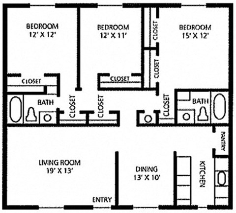 Floor plan for 3 beds, 2 baths, 1343 sqft