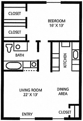 Floor plan for 1 bed, 1 bath, 750 sqft