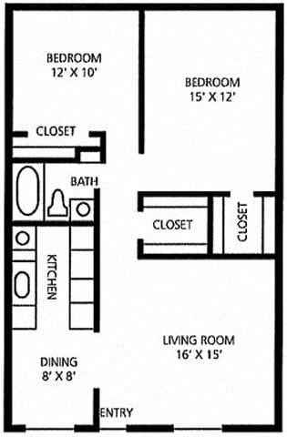 Floor plan for 2 beds, 1 bath, 936 sqft
