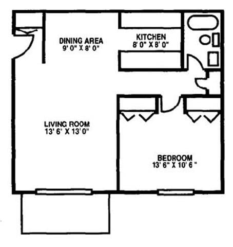 Floor plan for 1 bed, 1 bath, 650 sqft