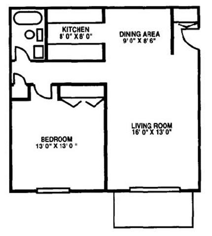 Floor plan for 1 bed, 1 bath, 690 sqft
