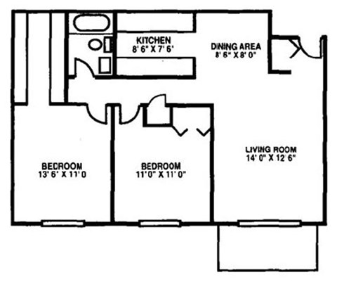 Floor plan for 2 beds, 1 bath, 850 sqft