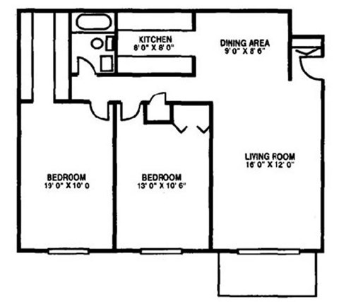 Floor plan for 2 beds, 1 bath, 890 sqft