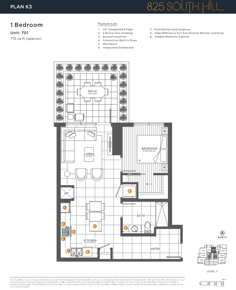 Floor plan for 1 bed, 1 bath, 716 sqft