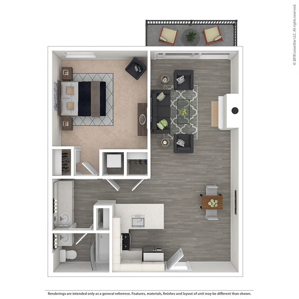 Floor plan for 1 bed, 1 bath, 740 sqft