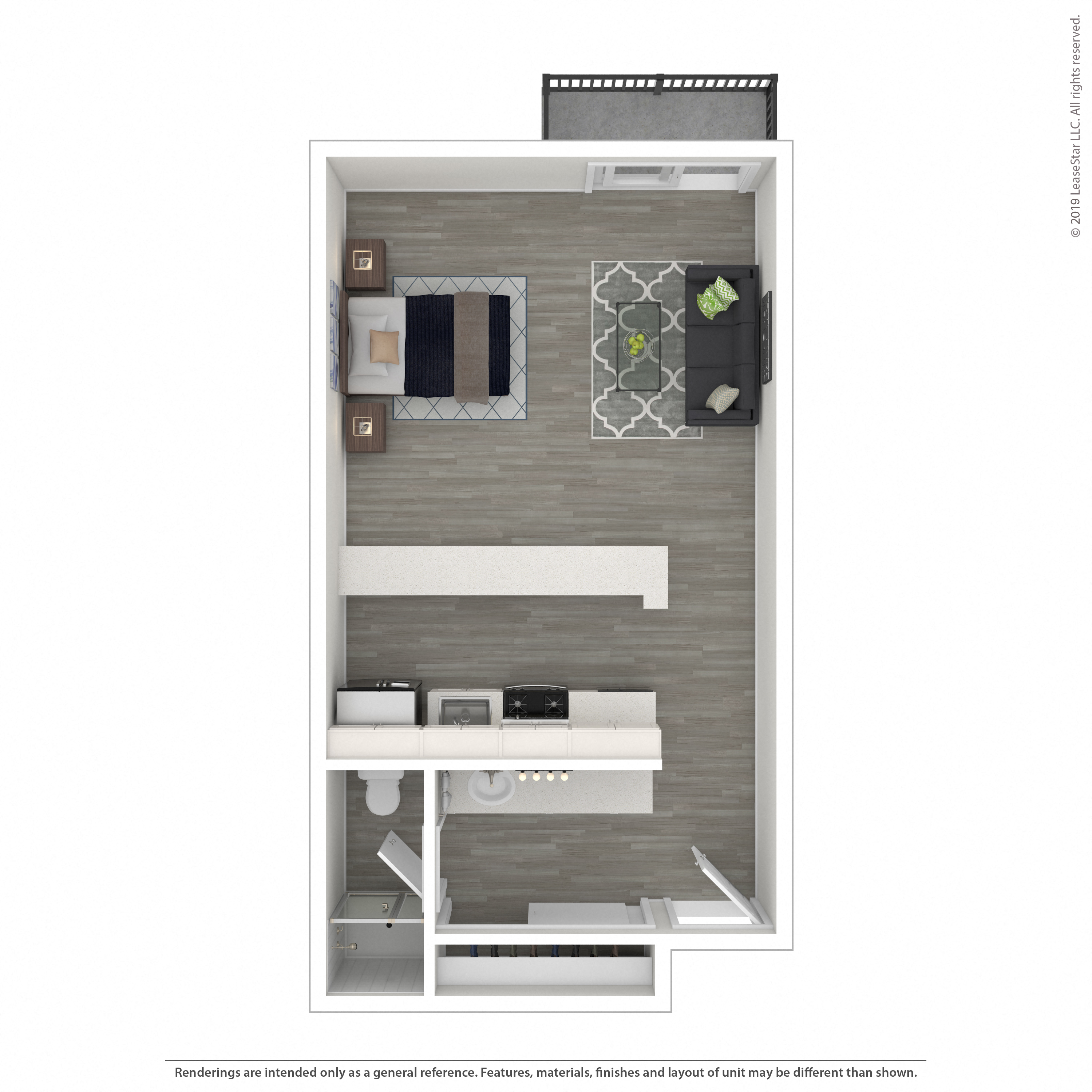 Floor plan for studio, 1 bath, 445 sqft
