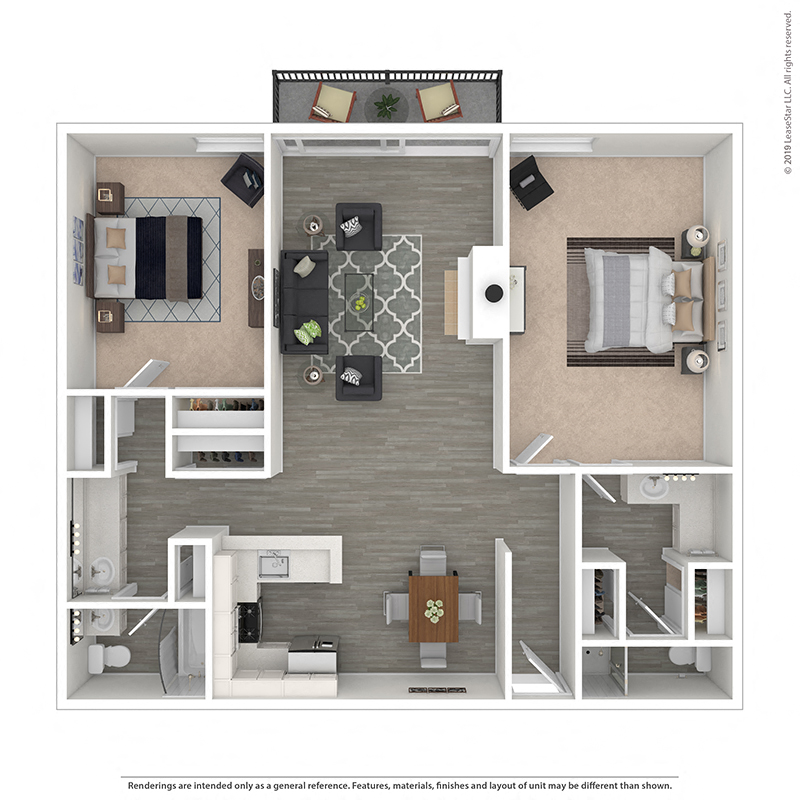 Floor plan for 2 beds, 2 baths, 1087 sqft