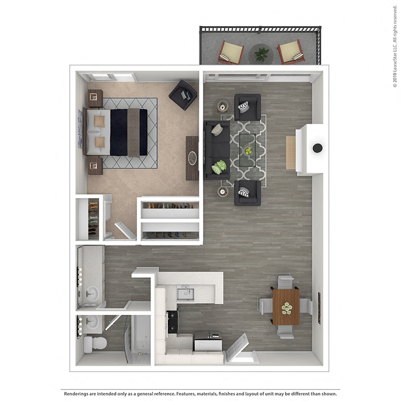 Floor plan for 1 bed, 1 bath, 740 sqft