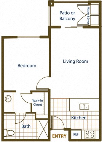 Floor plan for 1 bed, 1 bath, 598 sqft