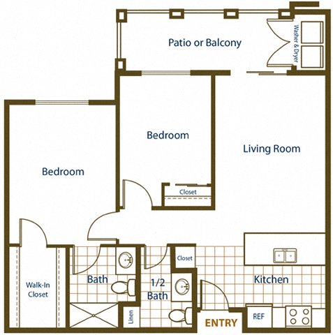 Floor plan for 2 beds, 1.5 baths, 809 sqft