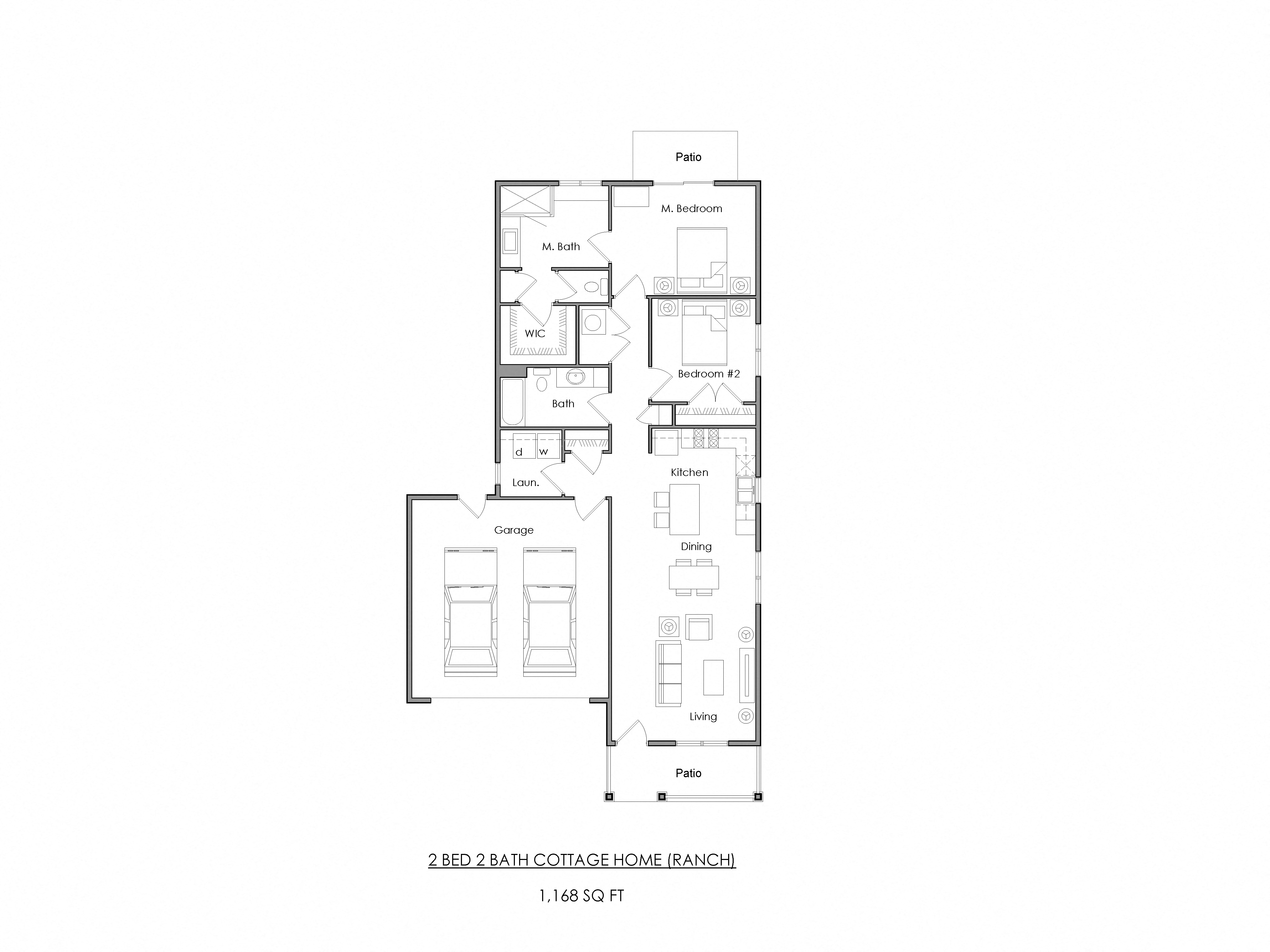 Floor plan for 2 beds, 2 baths, 1168 sqft