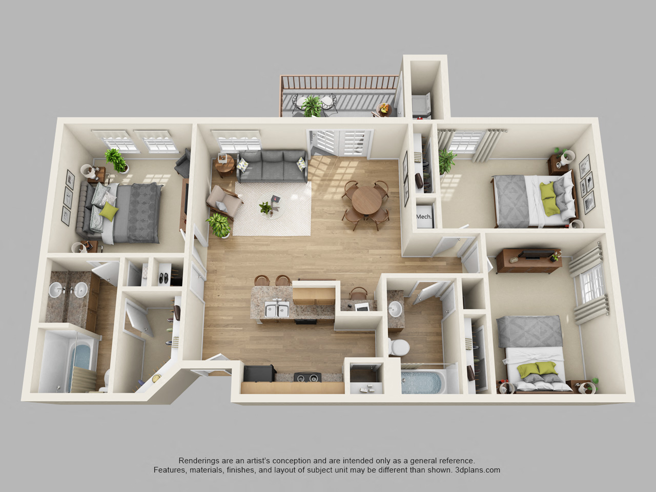 Floor plan for 3 beds, 2 baths, 1150 sqft
