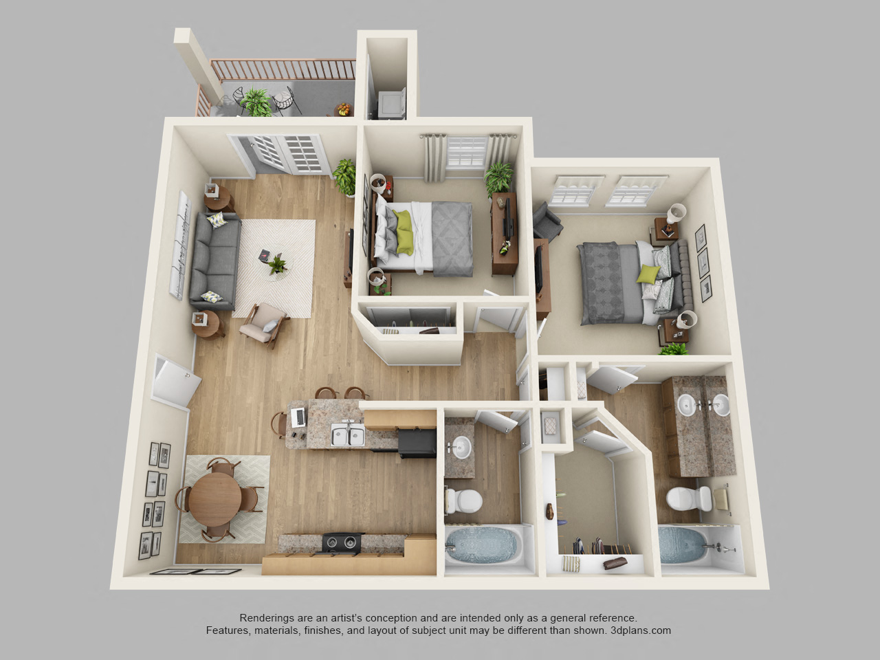 Floor plan for 2 beds, 2 baths, 960 sqft