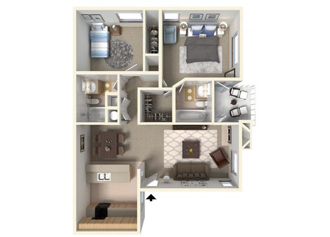 Floor plan for 2 beds, 2 baths, 912 sqft