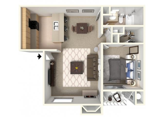 Floor plan for 1 bed, 1 bath, 587 sqft