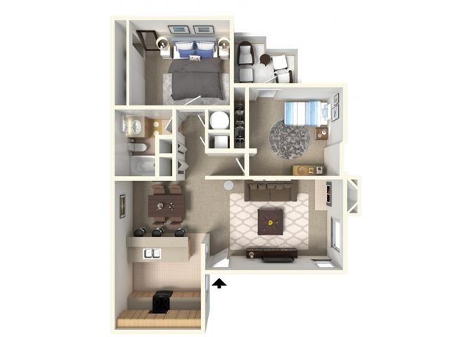 Floor plan for 2 beds, 1 bath, 810 sqft