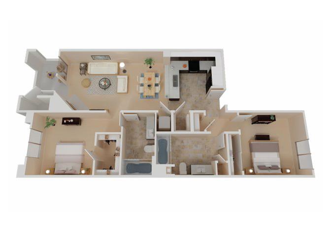 Floor plan for 2 beds, 2 baths, 992 sqft