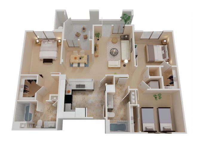 Floor plan for 3 beds, 2 baths, 1226 sqft