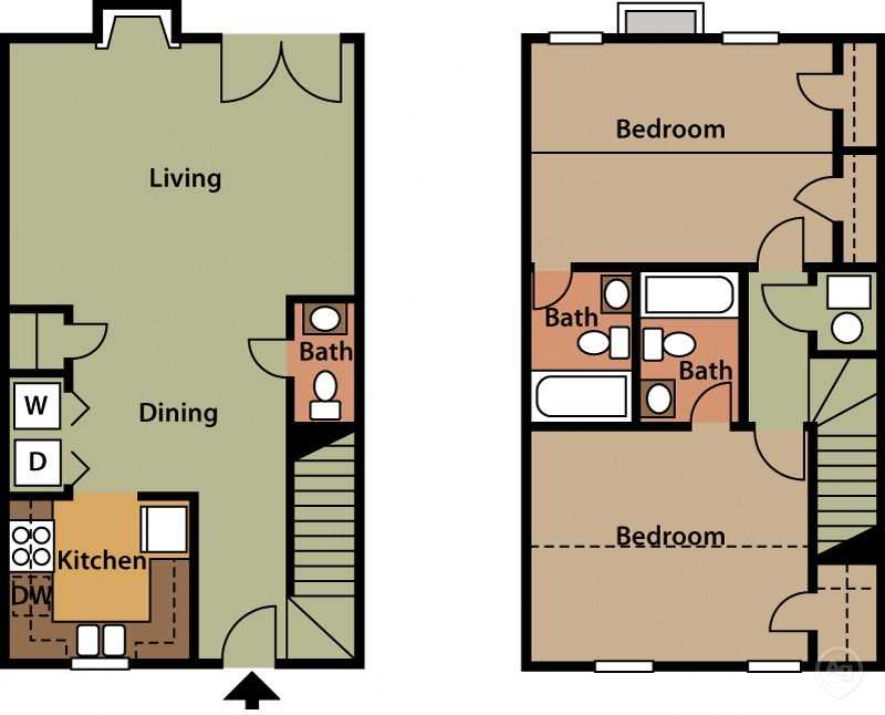 Floor plan for 2 beds, 2.5 baths, 1168 sqft
