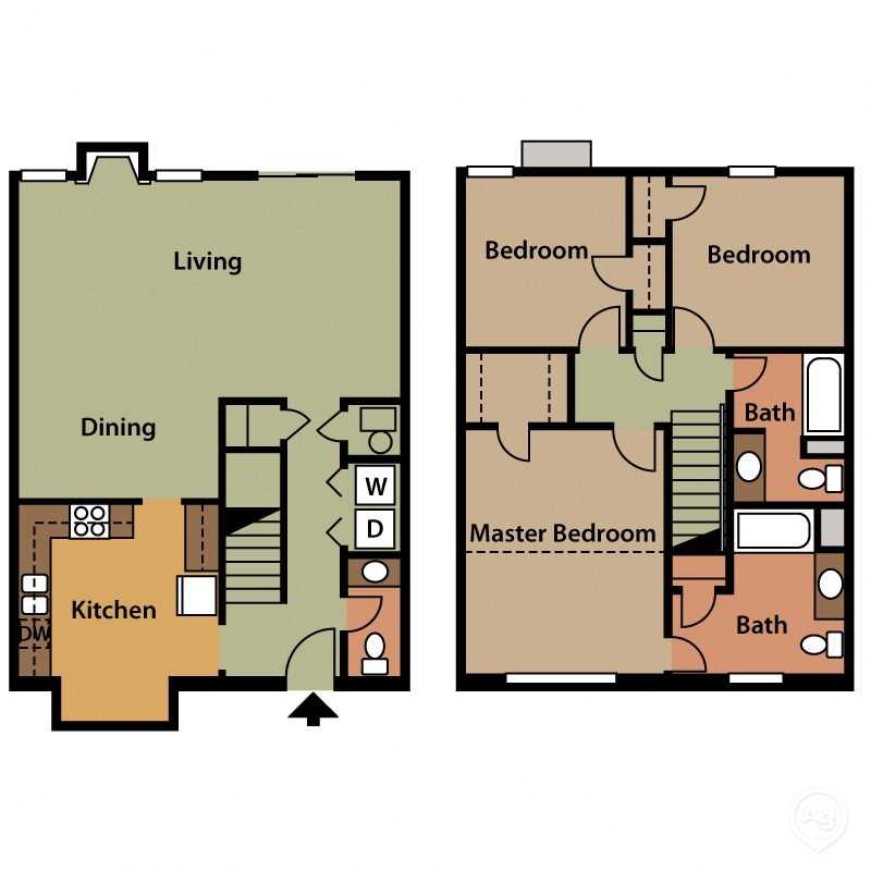Floor plan for 3 beds, 2.5 baths, 1510 sqft