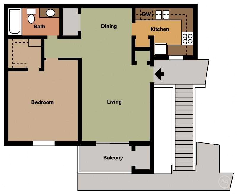 Floor plan for 1 bed, 1 bath, 711 sqft