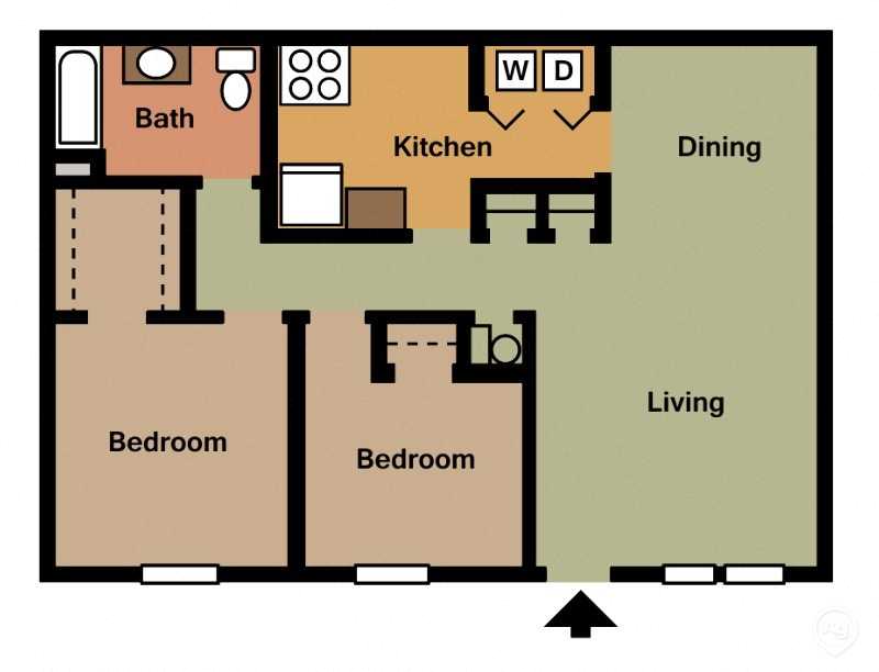 Floor plan for 2 beds, 1 bath, 988 sqft