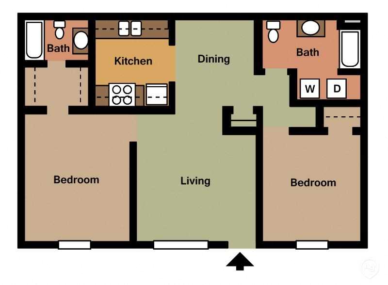 Floor plan for 2 beds, 2 baths, 1040 sqft