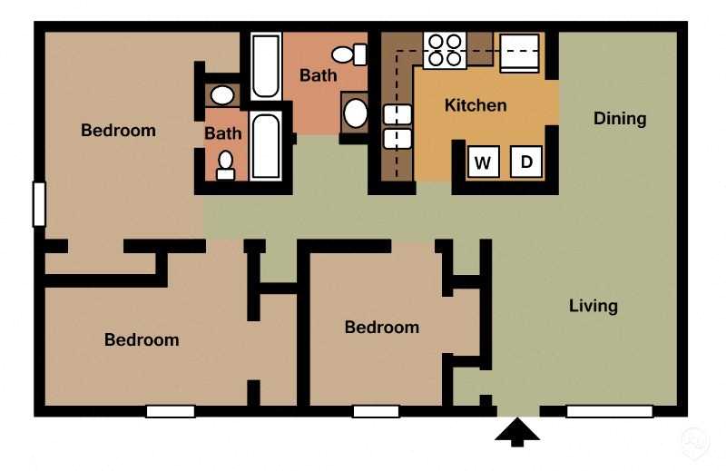Floor plan for 3 beds, 2 baths, 1144 sqft