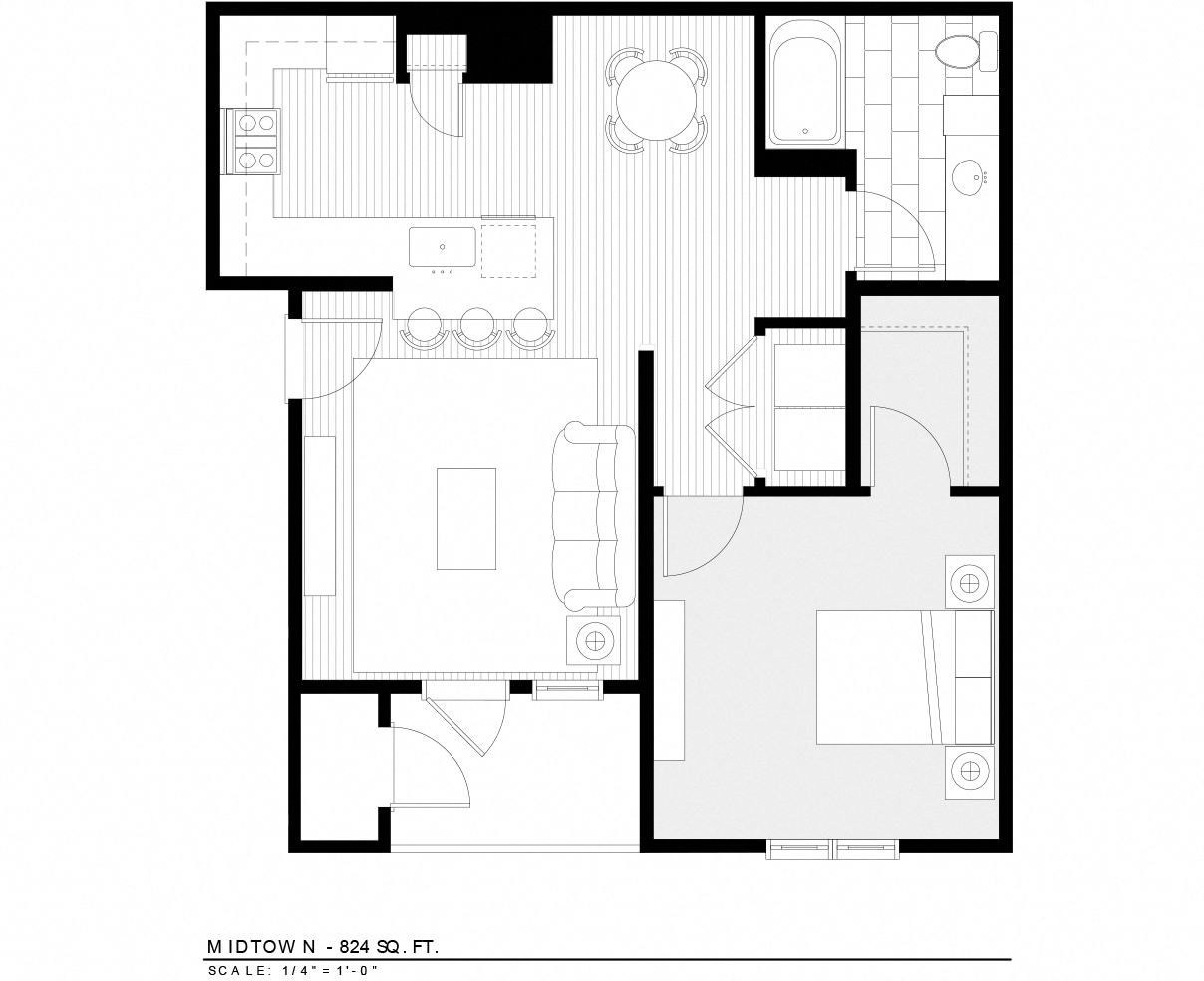Floor plan for 1 bed, 1 bath, 824 sqft