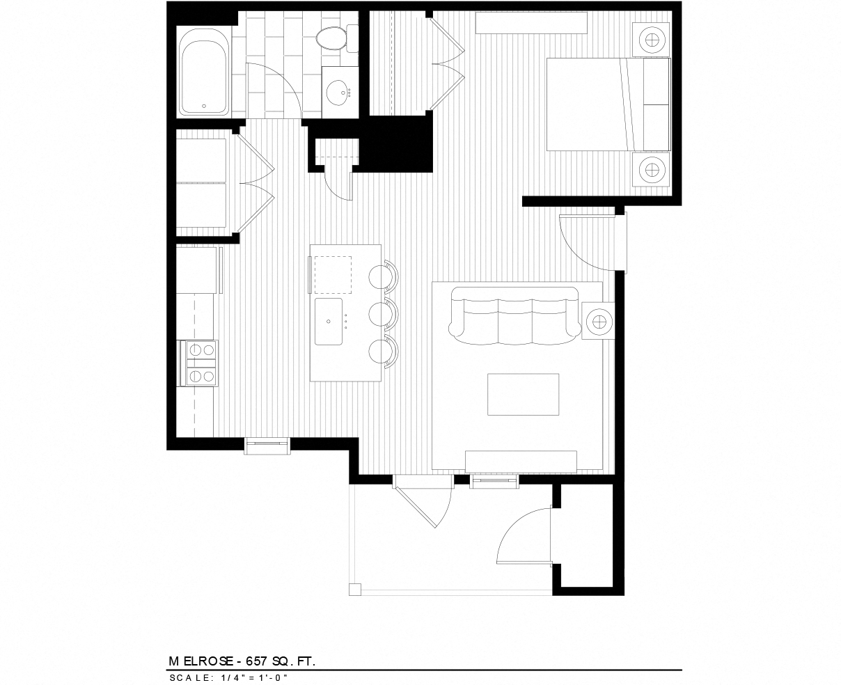 Floor plan for studio, 1 bath, 657 sqft