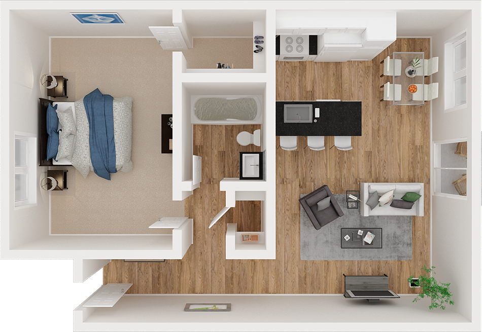 Floor plan for 1 bed, 1 bath, 625 sqft