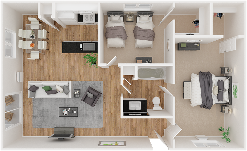 Floor plan for 2 beds, 1 bath, 785 sqft
