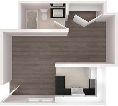 Floor plan for studio, 1 bath, 392 sqft