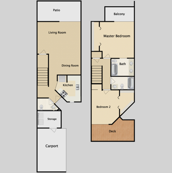 Floor plan for 2 beds, 2.5 baths, 1140 sqft