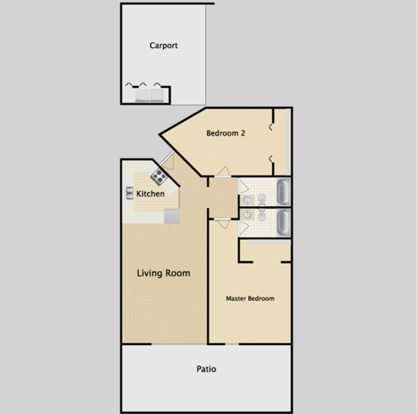 Floor plan for 2 beds, 2 baths, 900 sqft