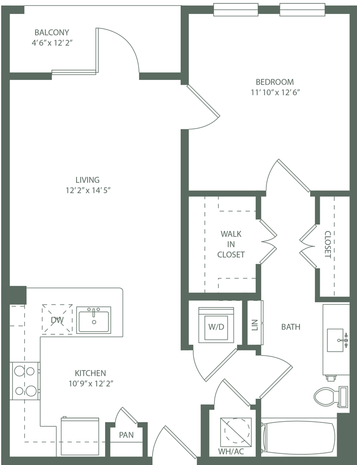 Floor plan for 1 bed, 1 bath, 689 sqft