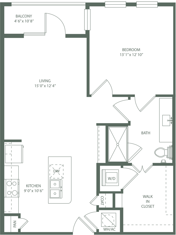 Floor plan for 1 bed, 1 bath, 770 sqft