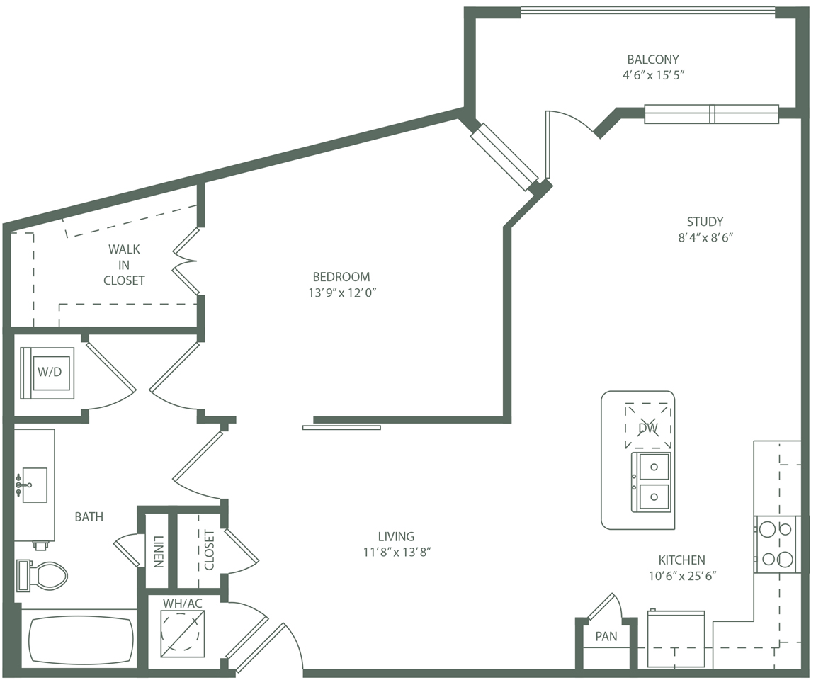 Floor plan for 1 bed, 1 bath, 855 sqft