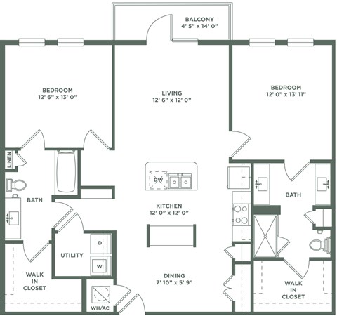 Floor plan for 2 beds, 2 baths, 1248 sqft